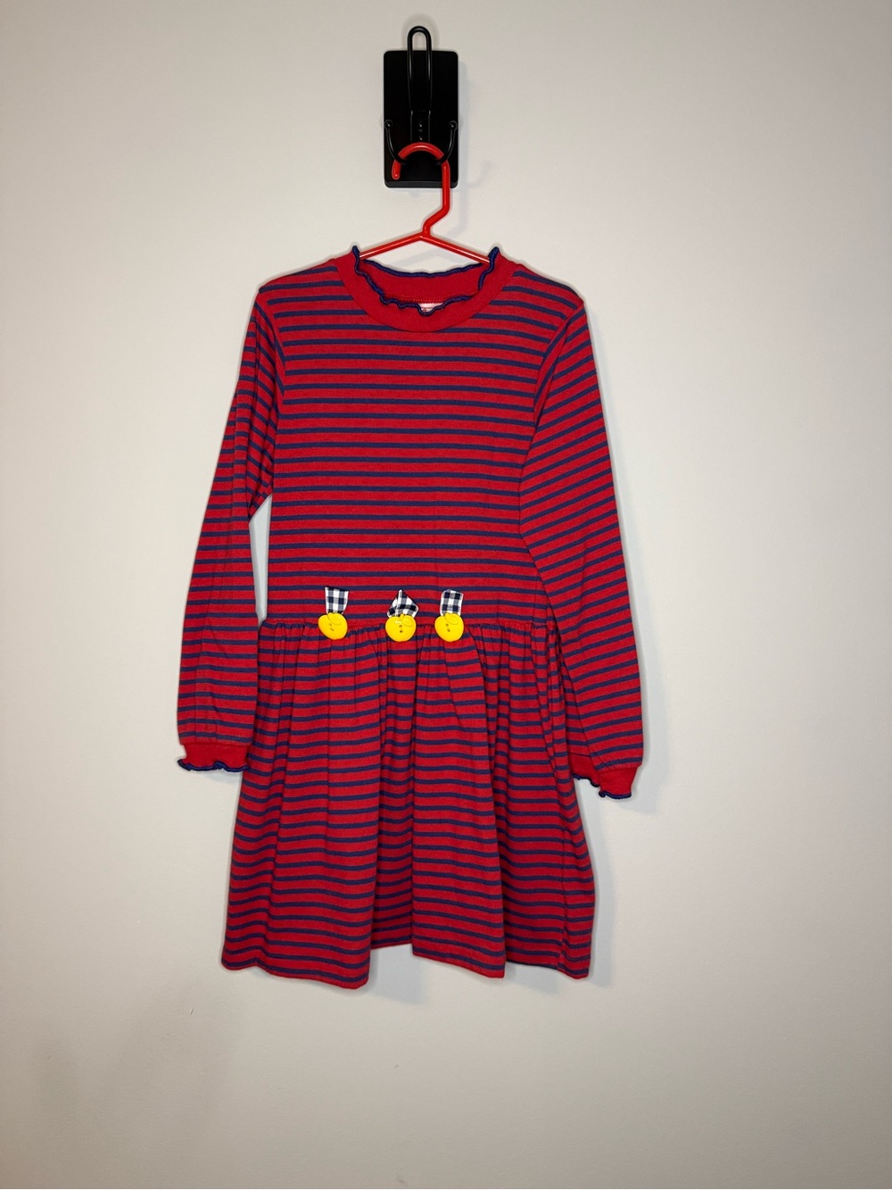 Buster Brown Red and Navy Striped Long-Sleeve Dress with Apple Buttons